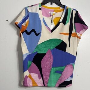 Chico's Large Multicolor Abstract V‑Neck Short Sleeve Top